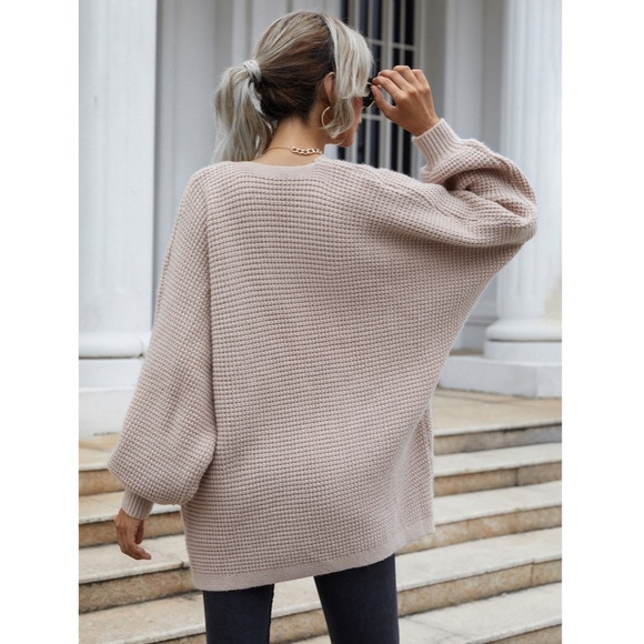 Open Knit Cardigan Bishop Sleeve in Light Mocha - Picture 2 of 7